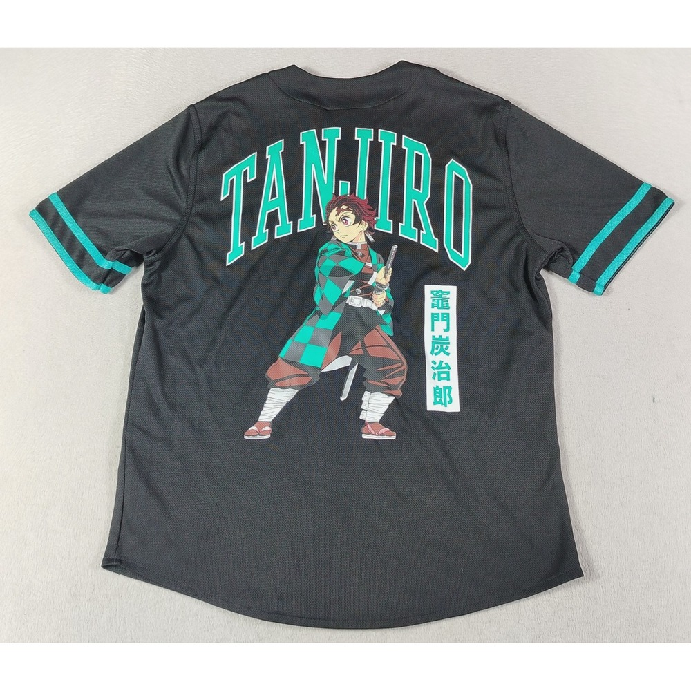 Demon Slayer Shirt Mens Small Black Tanjiro Baseball Jersey Button Up Anime